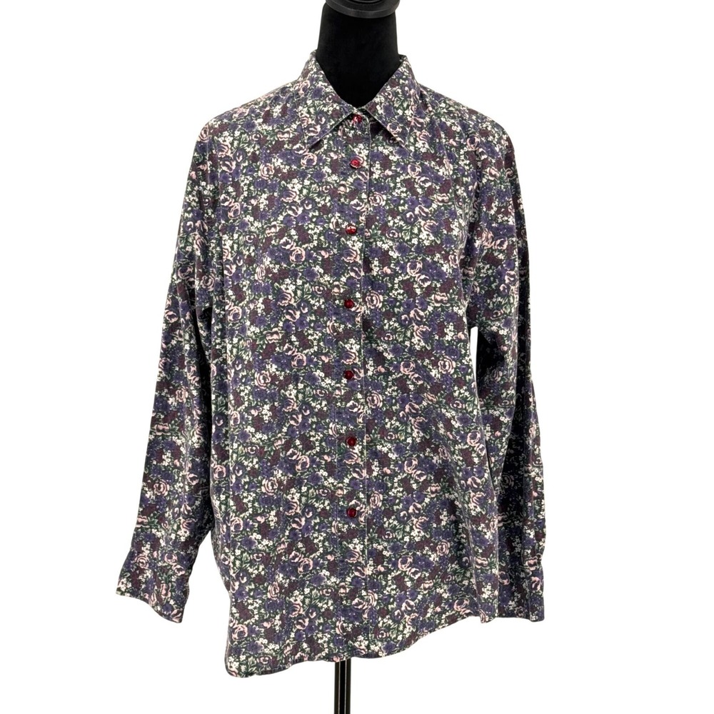 Vintage XL Purple Dark Floral Button Down Long Sleeve Shirt‎ Cotton Earthy Boho